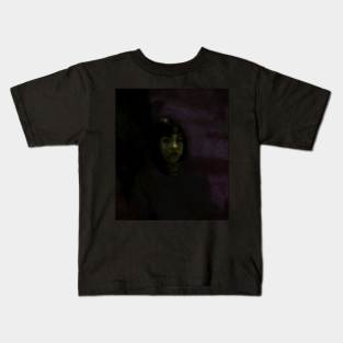 Portrait, digital collage and special processing. Lovely girl, sitting near tree. Night dreams. Violet and green. Kids T-Shirt